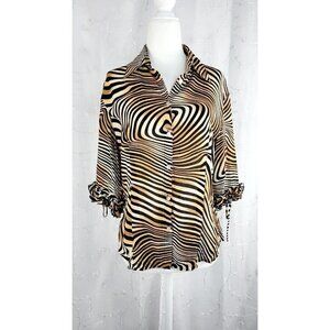 Vintage CAVIAR Animal Tiger Print Ruffled 3/4 Sleeve Button Front Women's Small